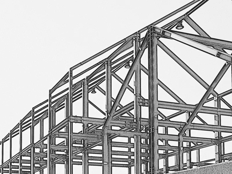 Graphite sketch of a structural steel building frame under construction.