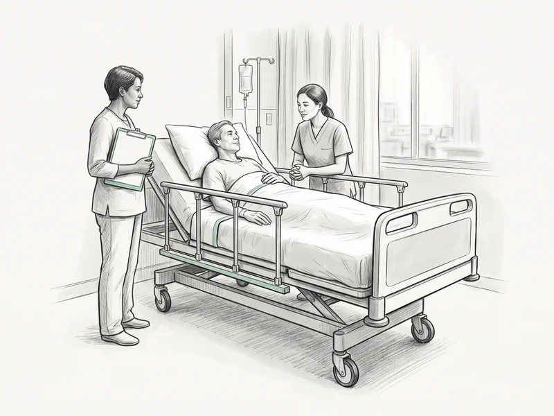 Charcoal and mint sketch of two caregivers beside a patient in a hospital bed with safety rails and an IV pole.