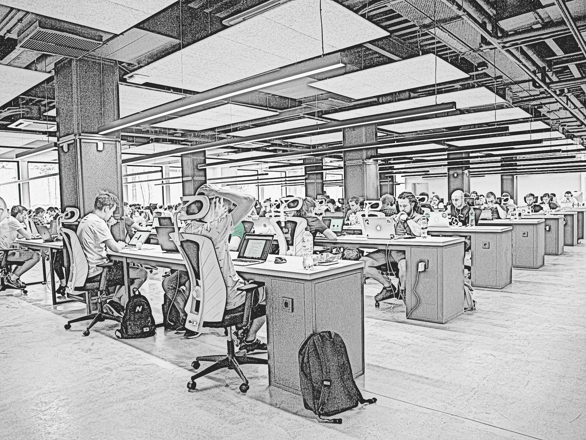 Graphite sketch of people working across an open-plan office.