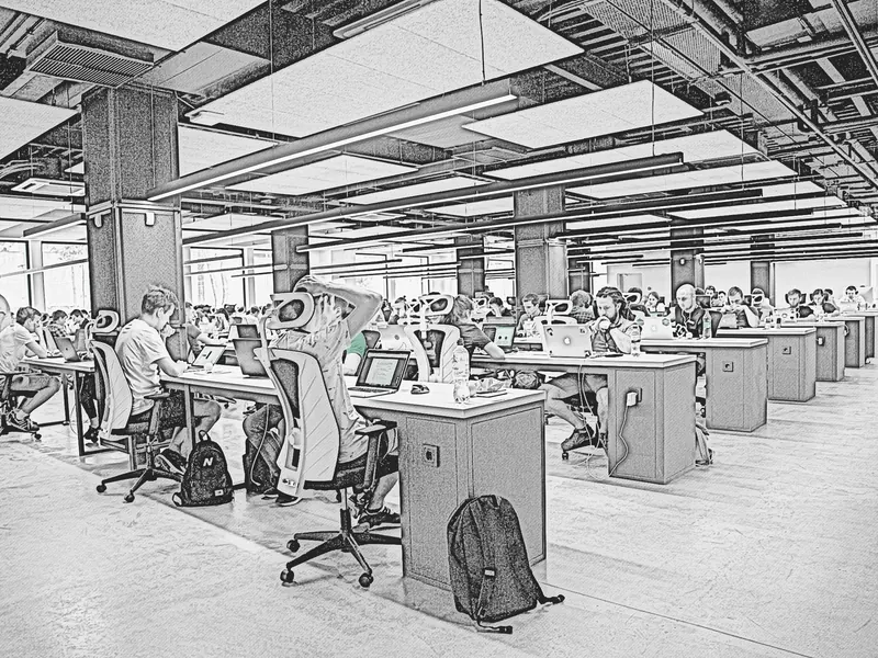 Graphite sketch of people working at computers across an open-plan office.