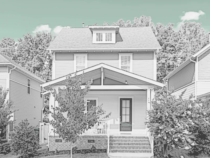 Graphite and mint sketch of a two-story home with a front porch and dormer, viewed from the street.