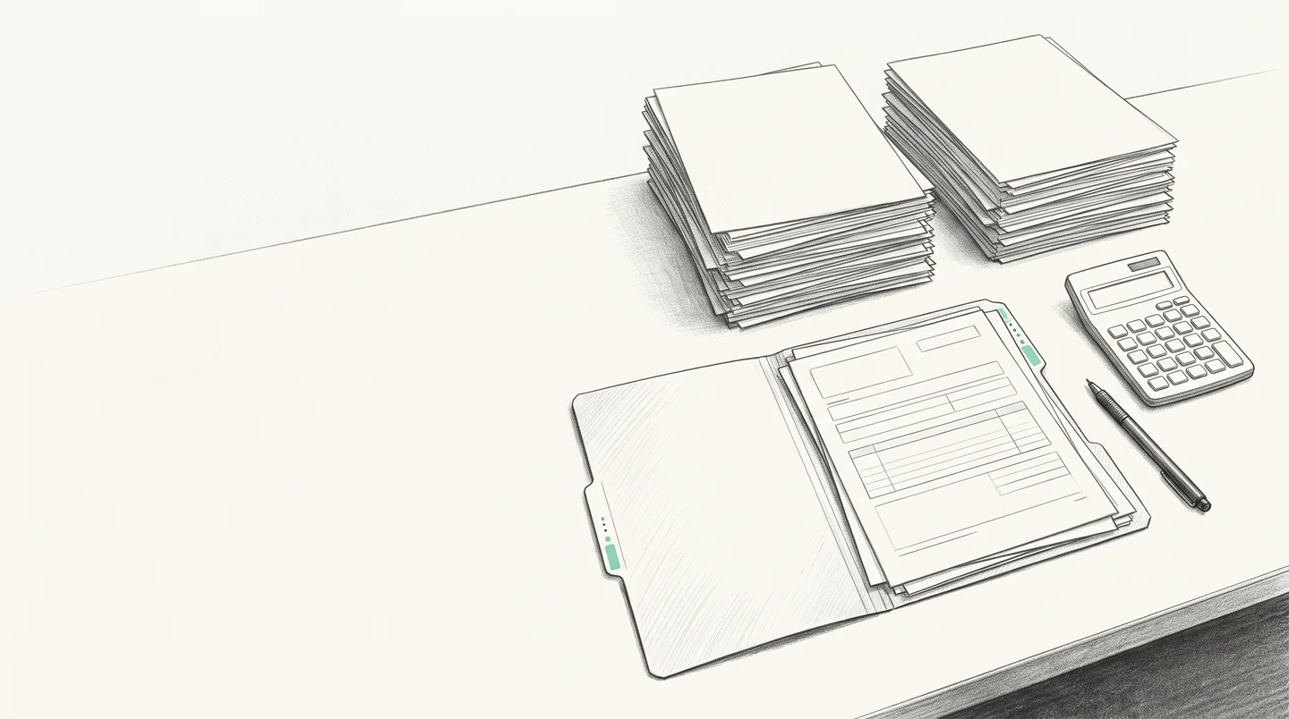 Graphite and mint sketch of paperwork, a calculator, and an open folder on a desk.
