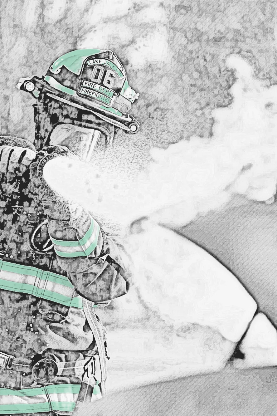 Charcoal and mint sketch of Brandon holding a fire hose as water sprays from the nozzle.