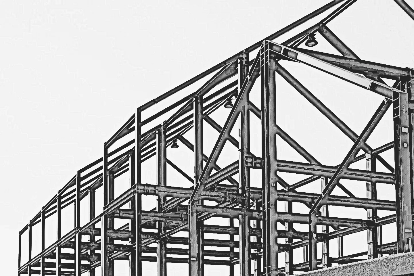Graphite sketch of the exposed steel frame of a building under construction.