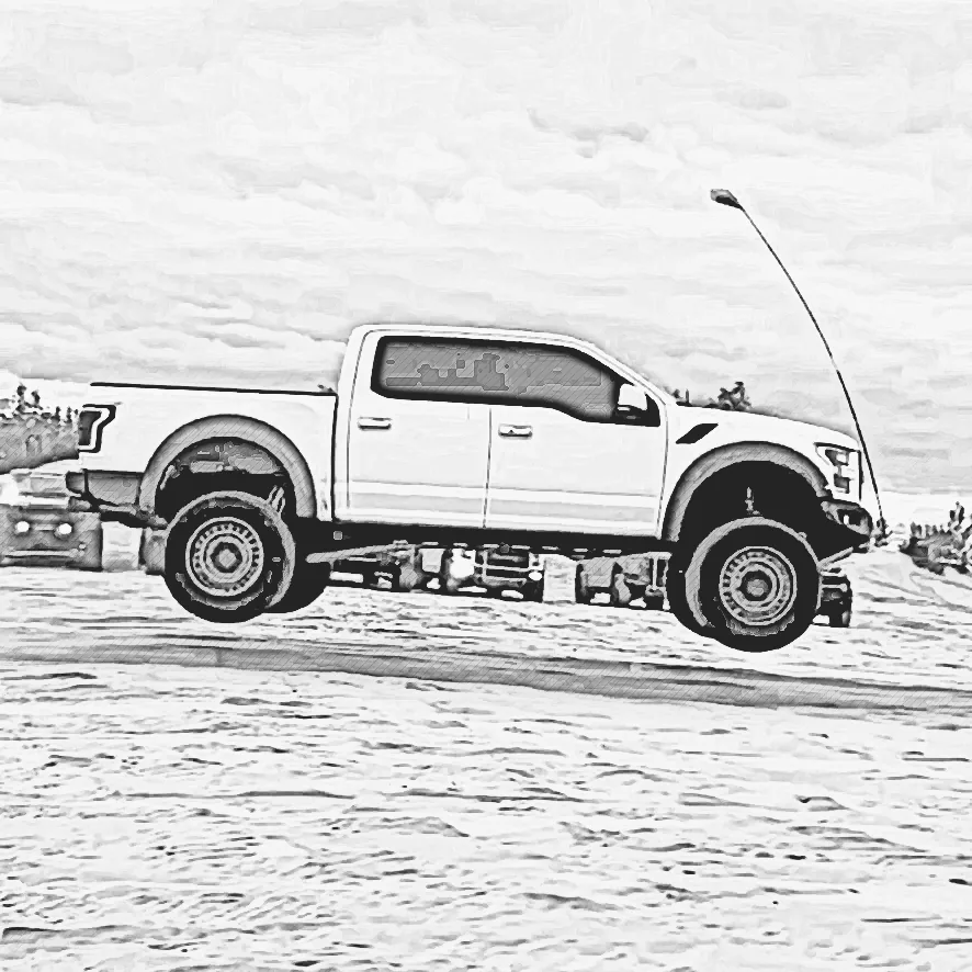 Charcoal sketch of a Ford Raptor airborne above sandy terrain.
